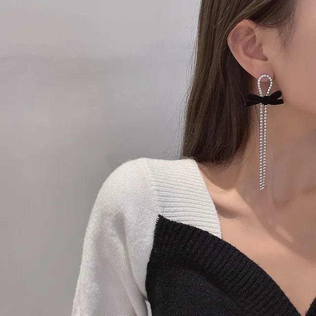 Yu Fashions Velvet Fabric Bow Knot Silver crystals Korean Drop Earrings Pair