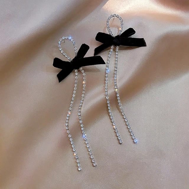 Yu Fashions Velvet Fabric Bow Knot Silver crystals Korean Drop Earrings Pair