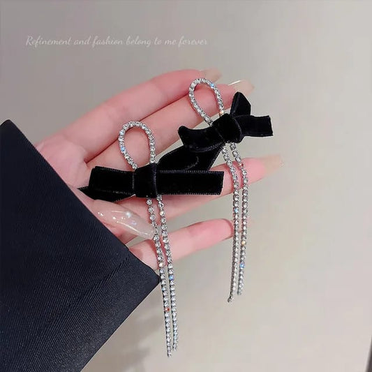 Yu Fashions Velvet Fabric Bow Knot Silver crystals Korean Drop Earrings Pair