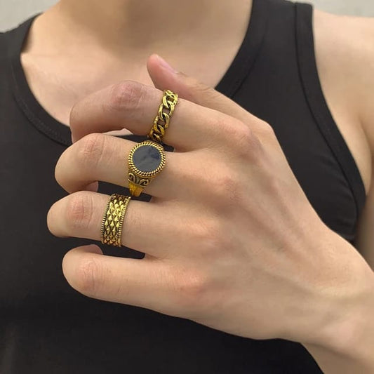 YU Fashions Rust Golden High Fashion Black Stone Korean Ring Set of 3