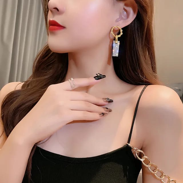 YU Fashions Circle Rectangular Rhinestone Shaped Korean Earrings Pair