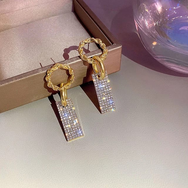 YU Fashions Circle Rectangular Rhinestone Shaped Korean Earrings Pair