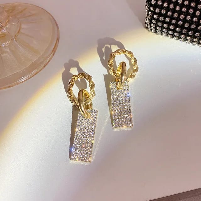 YU Fashions Circle Rectangular Rhinestone Shaped Korean Earrings Pair