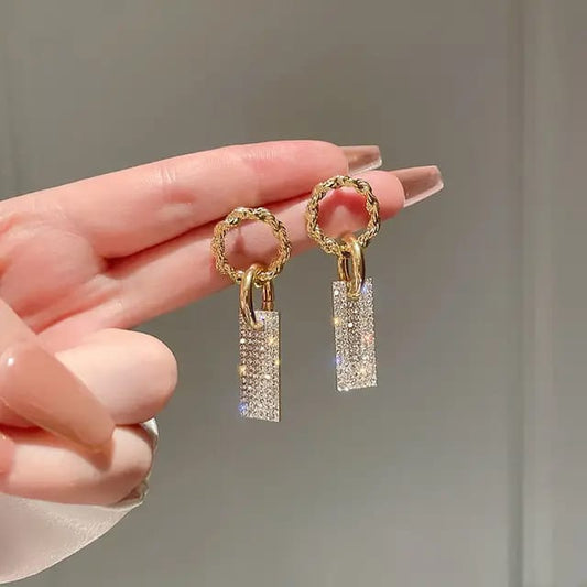 YU Fashions Circle Rectangular Rhinestone Shaped Korean Earrings Pair