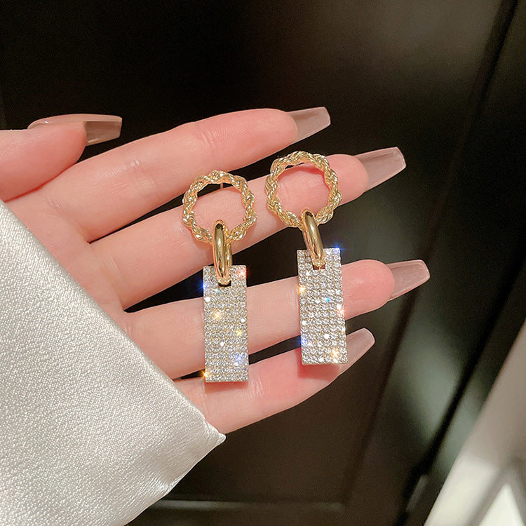 YU Fashions Circle Rectangular Rhinestone Shaped Korean Earrings Pair