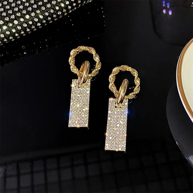 YU Fashions Circle Rectangular Rhinestone Shaped Korean Earrings Pair