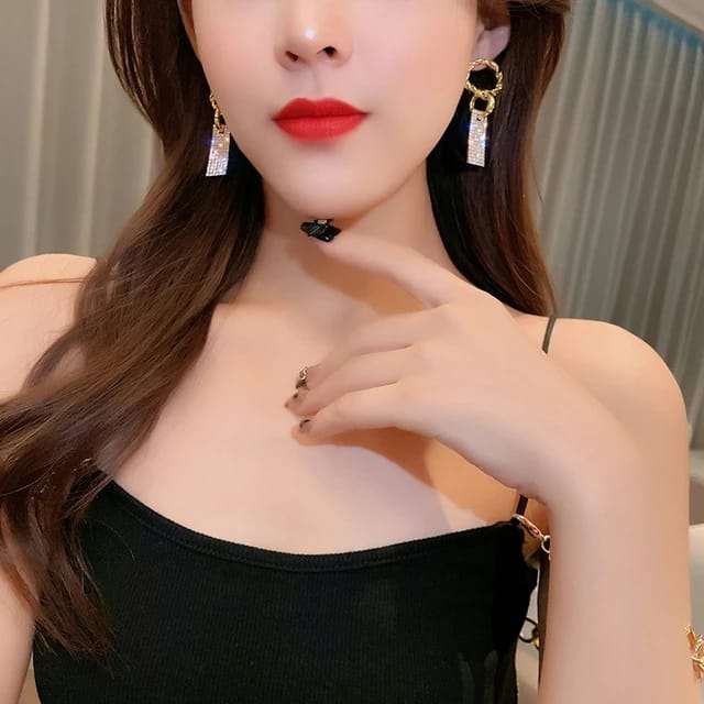 YU Fashions Circle Rectangular Rhinestone Shaped Korean Earrings Pair