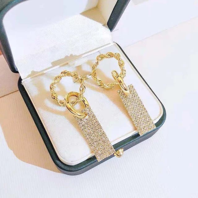 YU Fashions Circle Rectangular Rhinestone Shaped Korean Earrings Pair