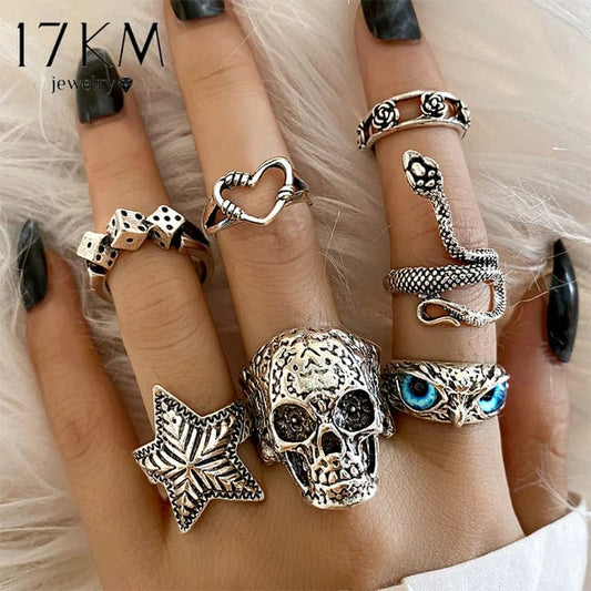 Yu Fashions Silver High Fashion Owl Skull Korean Ring Set of 7