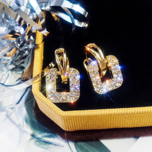 Yu Fashions Geometrical Rectangular Shaped Rhinestone Korean Earrings Pair