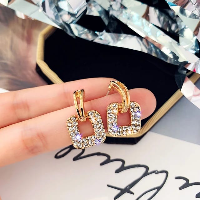 Yu Fashions Geometrical Rectangular Shaped Rhinestone Korean Earrings Pair