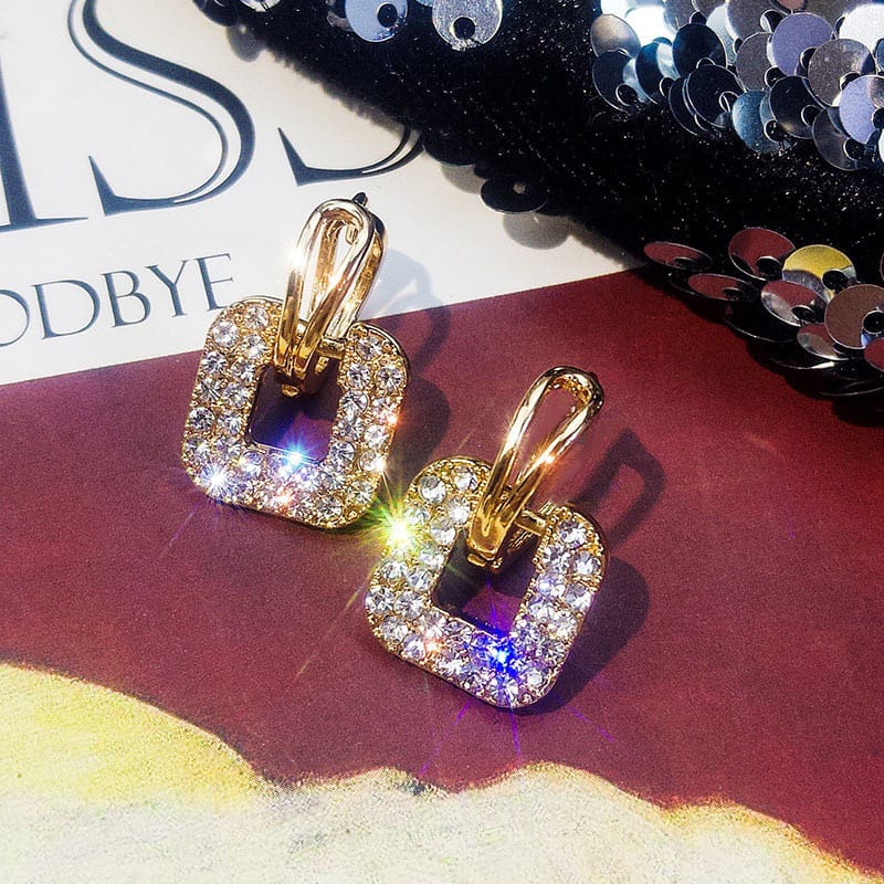 Yu Fashions Geometrical Rectangular Shaped Rhinestone Korean Earrings Pair
