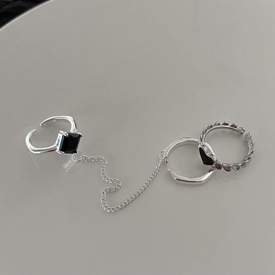 Yu Fashions Black Heart Joint Silver Chain Korean Ring Set of 3