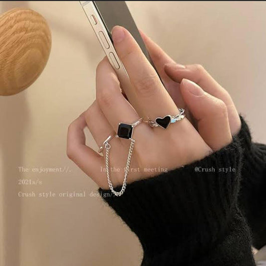 Yu Fashions Black Heart Joint Silver Chain Korean Ring Set of 3