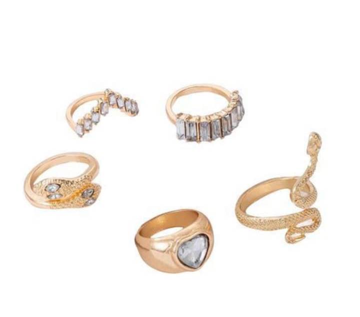 Yu Fashions Silver White Golden Snake Heart High Fashion Korean Ring Set of 5