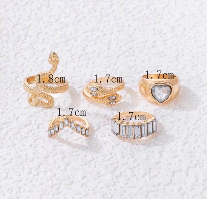 Yu Fashions Silver White Golden Snake Heart High Fashion Korean Ring Set of 5