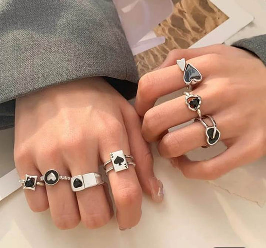 Yu Fashions Heart Dice High Fashions Black & Silver Korean Ring Set of 7