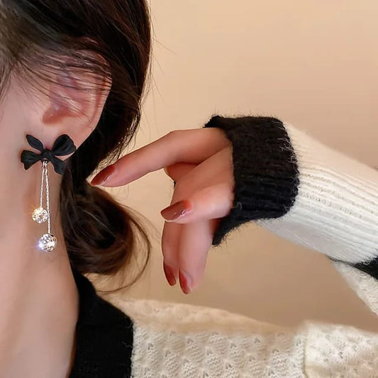Yu Fashion Black Bow Silver Tassel Korean earrings Pair