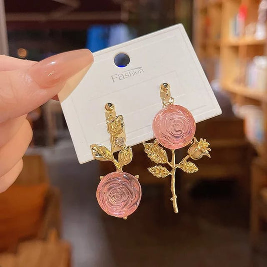 Yu Fashions Crystal Pink Cute Rose Flower Korean Earrings Pair