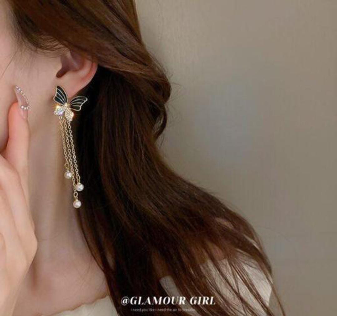 Yu Fashions Black Butterfly High Fashion Pearl Tassel Korean Earrings Pair