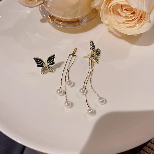 Yu Fashions Black Butterfly High Fashion Pearl Tassel Korean Earrings Pair