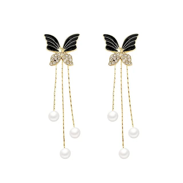 Yu Fashions Black Butterfly High Fashion Pearl Tassel Korean Earrings Pair