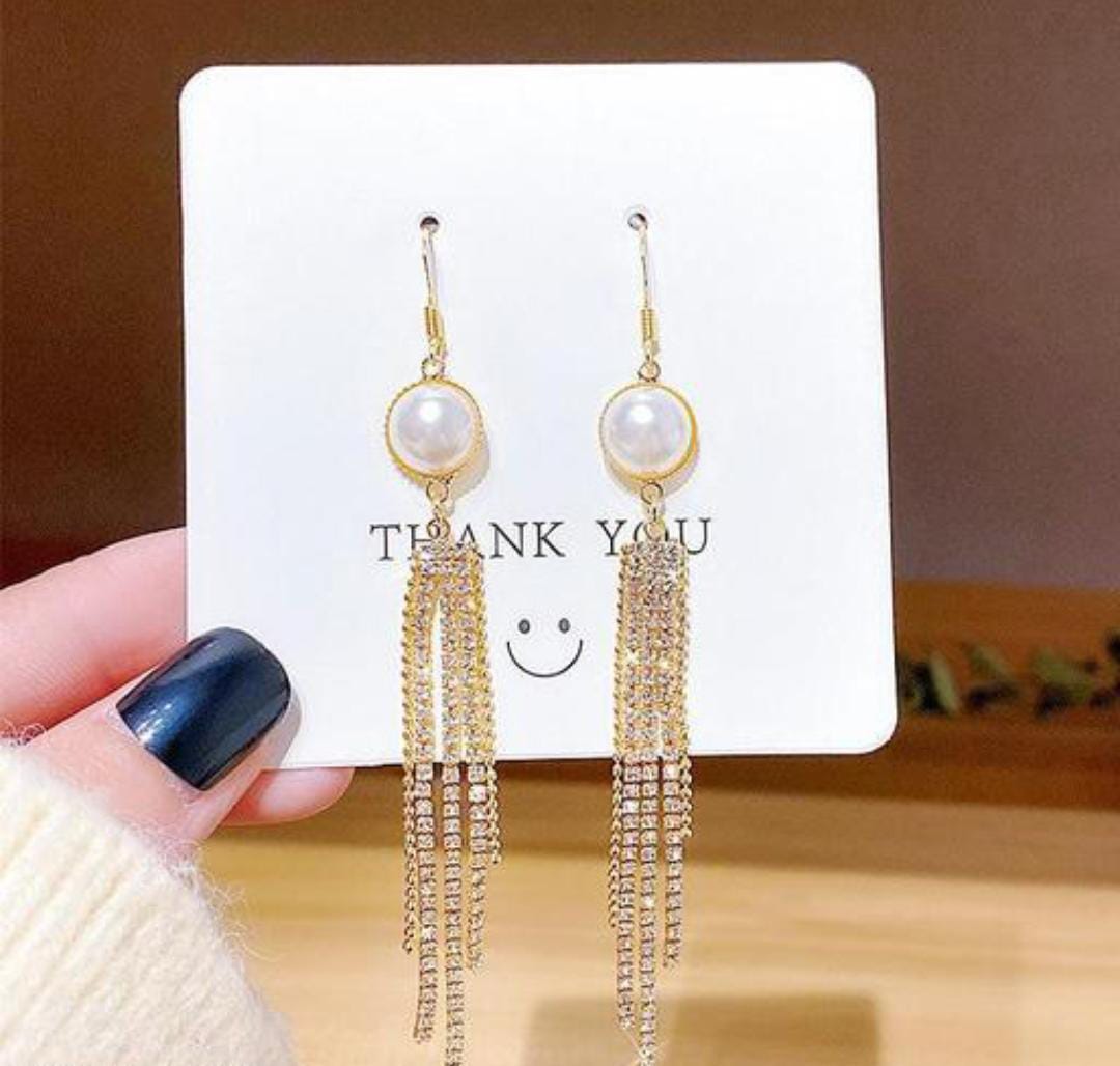 Yu Fashions Pearl Golden Tassel Korean Earrings Pair