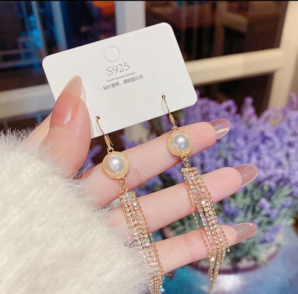 Yu Fashions Pearl Golden Tassel Korean Earrings Pair