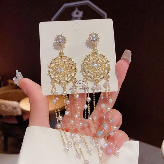 Yu Fashions Golden Pearl Tassel Round Shaped Geometrical Korean earrings Pair