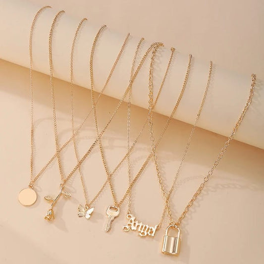YU Fashions Multilayered Rose , Angel, key, Butterfly, Lock, Dot Korean Necklace Set of 6