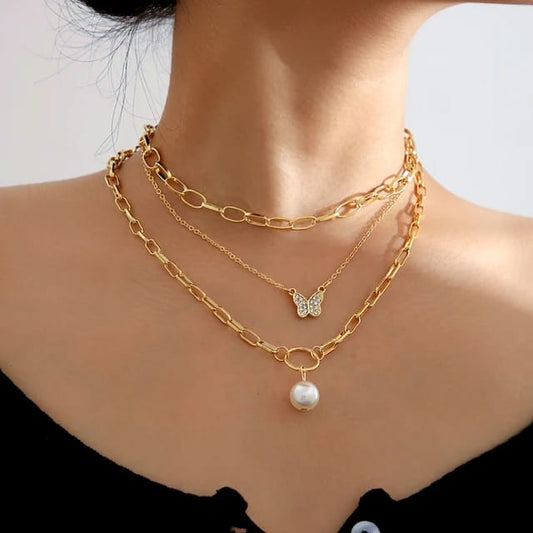 Yu Fashions Multilayered Butterfly Pink Chain Pearl Korean Necklace