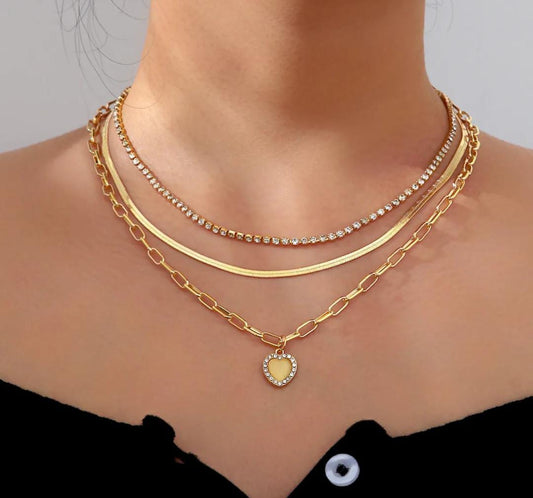 YU Fashions Multilayered Snake Bone Chain Rhinestone Link Heart Korean Necklace