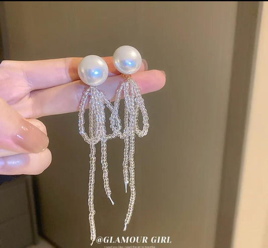 Yu Fashions Pearl Shaped Geometrical Tassel Bunch Korean earrings Pair