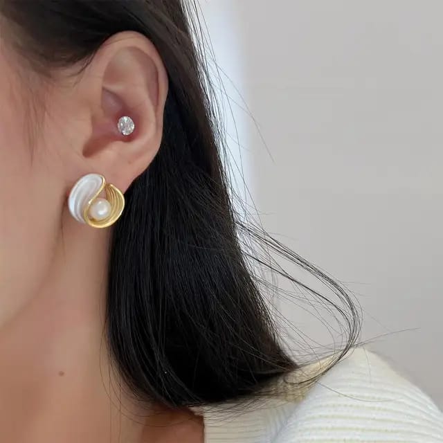 Yu Fashions Twisted Enamel Painted Pearl Korean Earrings Stud  Pair