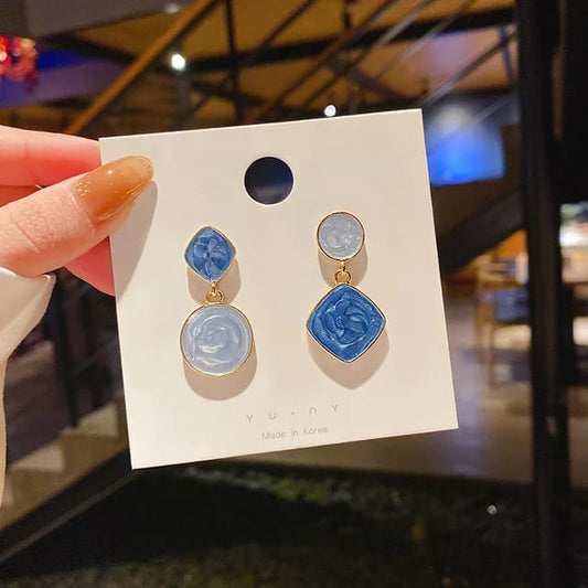 Yu Fashions Blue Square Round Shaped Marble Print Korean earrings Pair