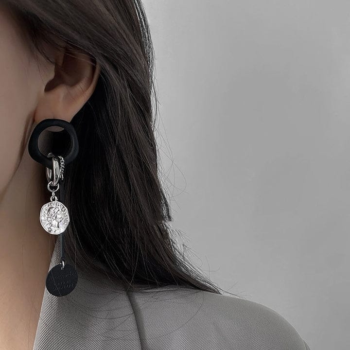 Yu Fashions Black Punk Silver Coin High Fashion Korean Earrings Pair