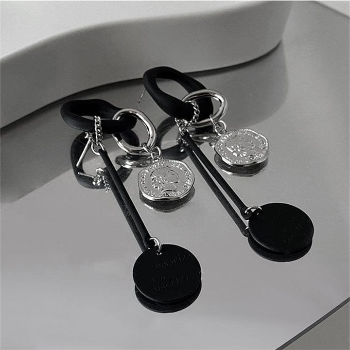 Yu Fashions Black Punk Silver Coin High Fashion Korean Earrings Pair