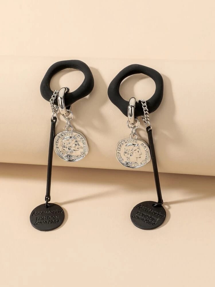 Yu Fashions Black Punk Silver Coin High Fashion Korean Earrings Pair