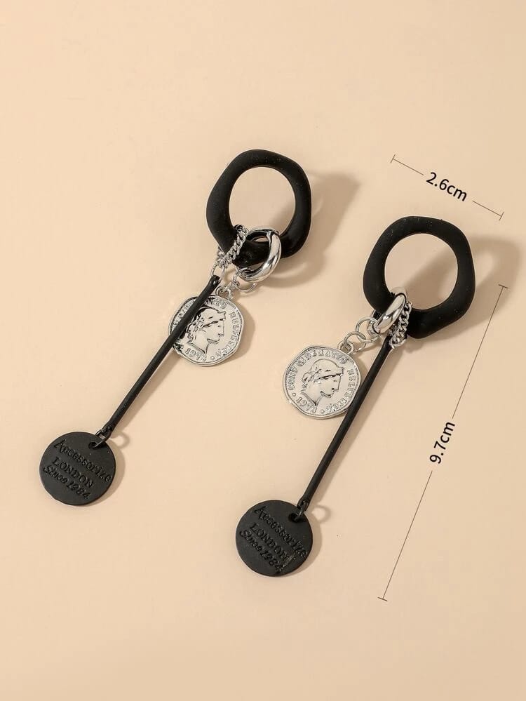 Yu Fashions Black Punk Silver Coin High Fashion Korean Earrings Pair