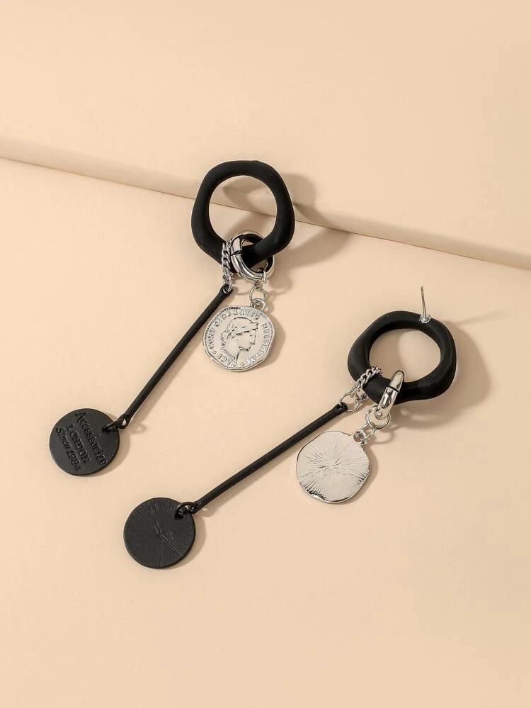 Yu Fashions Black Punk Silver Coin High Fashion Korean Earrings Pair