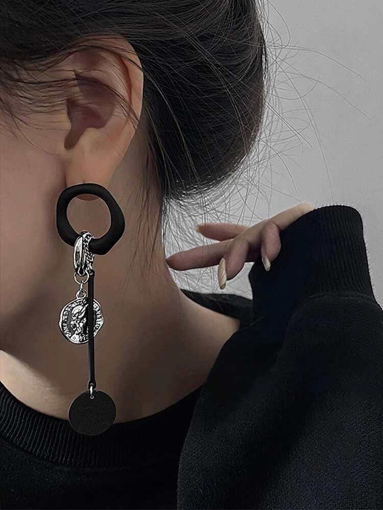 Yu Fashions Black Punk Silver Coin High Fashion Korean Earrings Pair