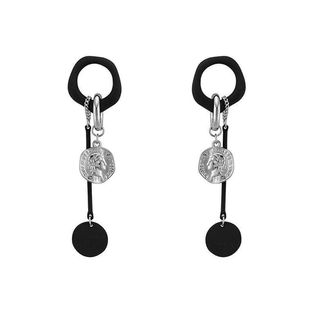 Yu Fashions Black Punk Silver Coin High Fashion Korean Earrings Pair