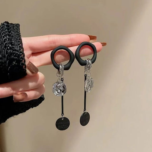 Yu Fashions Black Punk Silver Coin High Fashion Korean Earrings Pair