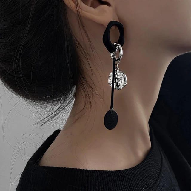 Yu Fashions Black Punk Silver Coin High Fashion Korean Earrings Pair