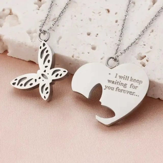 Yu Fashions Couple Best Friend sister Butterfly Heart Puzzle 2 in 1 High Fashion Necklace Chain