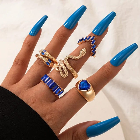 Yu Fashions Blue Stone Crystal Snake Heart High Fashion Korean Ring Set of 5