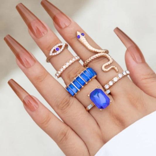 Yu Fashions Snake Evil Eye Crystal Korean Ring Set of 6