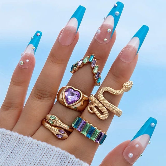 Yu Fashions Lavender High Fashion Snake Heart Crystal Korean Ring Set of 5