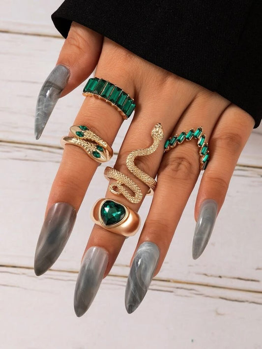 Yu Fashions Green Emerald Snake Stone Crystal Korean Ring Set of 5