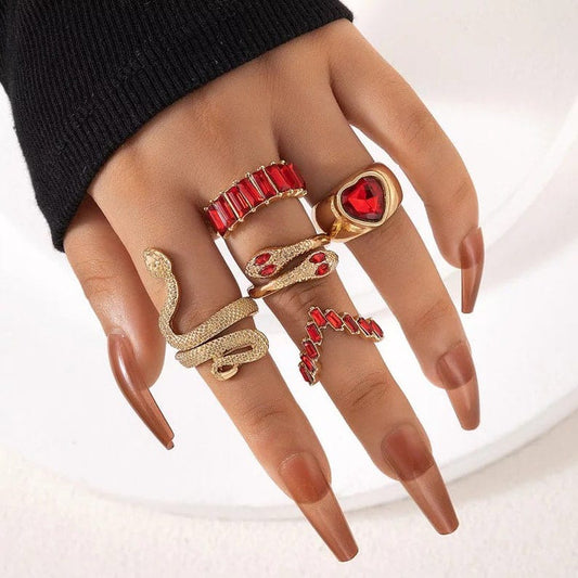 Yu Fashions Red Crystals Snake Stone Crystal Korean Ring Set of 5